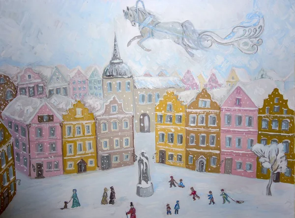 Pintura com um lápis. A cidade, o inverno e as pessoas estão andando ao longo da rua. Um cavalo de conto de fadas com Papai Noel está correndo pelo céu . — Fotografia de Stock