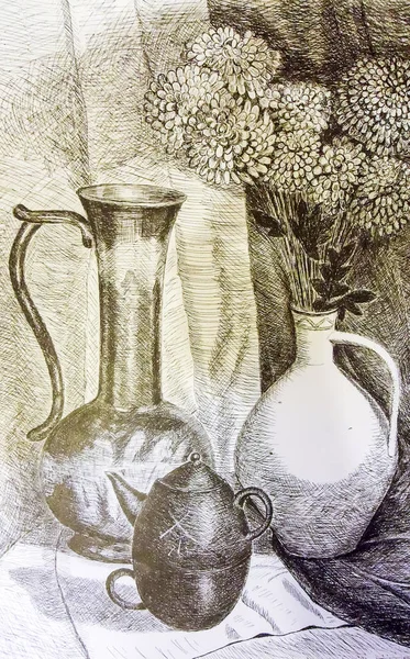 Ainda é vida. Uma pintura retratando uma natureza morta, um vaso com flores . — Fotografia de Stock