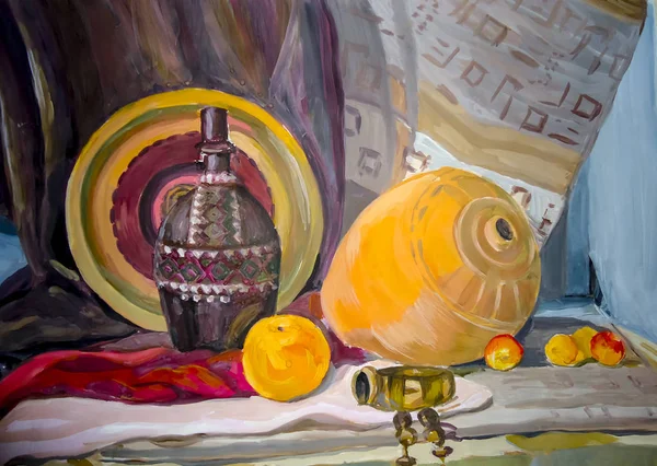 Stilleven. Een schilderij van een stilleven, een vaas, gerechten, een boeket en fruit. — Stockfoto