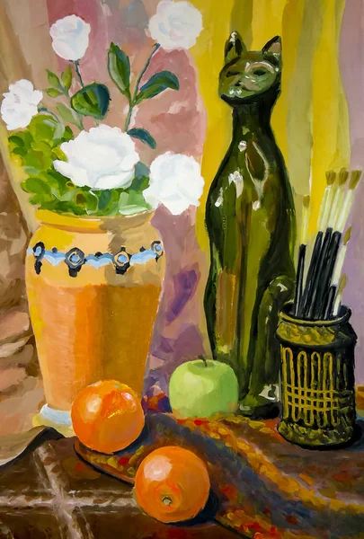 Still life. A painting depicting a still life, a vase, dishes, a bouquet and fruit. — Stock Photo, Image