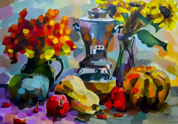 Natürmort. Bir natürmort, bir vazo, yemekler, buket ve meyve takip etti.