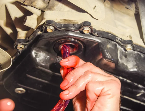 Oil change in automatic transmission. Filling the oil through the hose. Car maintenance station. Red gear oil. The hands of the car mechanic in oil.