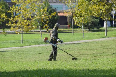 Krasnodar, Rusya - 12 Ekim 2016: bir işçi bir benzin fırça ile çim biçme. Düzeltici. Balık tutma çizgi düzeltici kullanarak yeşil çim biçme. Uygulama & bıyık kesme makineleri.