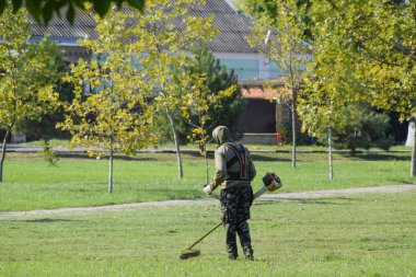 Krasnodar, Rusya - 12 Ekim 2016: bir işçi bir benzin fırça ile çim biçme. Düzeltici. Balık tutma çizgi düzeltici kullanarak yeşil çim biçme. Uygulama & bıyık kesme makineleri.