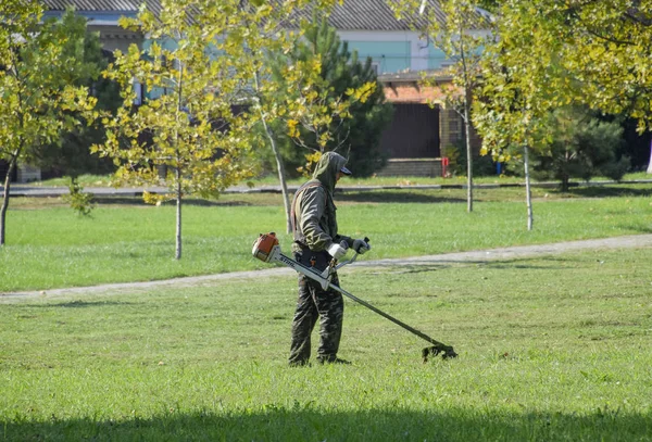 Trabajador segando hierba con un cepillo de gasolina. Trimmer . —  Fotos de Stock