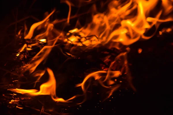 Bruciatura di paglia di riso di notte. Fuoco rosso su sfondo nero. Combustione . — Foto Stock