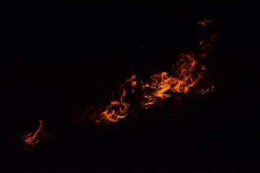 Ateş ateş. Pirinç saman geceleri yanan. Siyah bir zemin üzerine kırmızı ateş. Yanma.