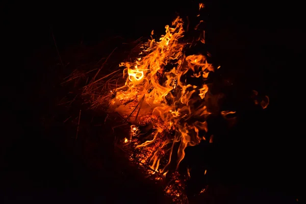 Quema de paja de arroz por la noche. Fuego rojo sobre fondo negro. Combustión . — Foto de Stock