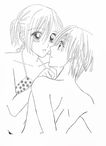 Rysunek w stylu anime. Zakochana dziewczyna i facet mi — Zdjęcie stockowe