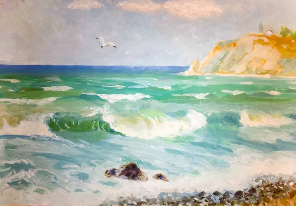 Bir kumsal resmi. Dalgalar deniz.