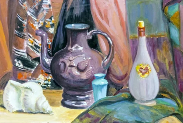 Натюрморт Картина, изображающая натюрморт, вазу, посуду, — стоковое фото