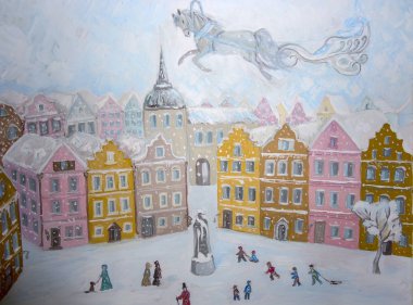 Bir kalemle resim. Şehir, kış ve insanlar yürüyor 