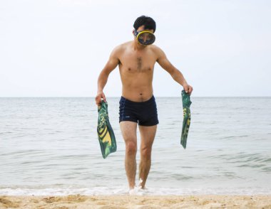 yüzücü kıyıda denize bırakır. Flipper elinde