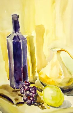 Natürmort. Takip etti bir natürmort, bir vazo, yemekler, bir