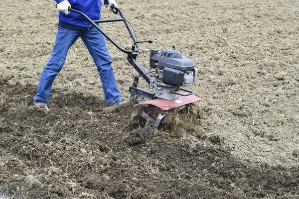 Planten van aardappelen onder de gang-achter trekker — Stockfoto