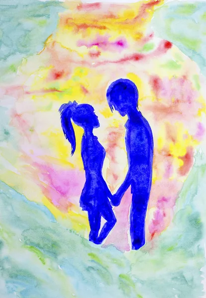 Blaue Silhouette Typ und Mädchen, die einander anschauen. Liebeserklärung — Stockfoto
