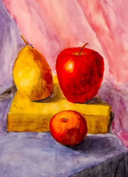 painting still life. Pear and apples on the table.