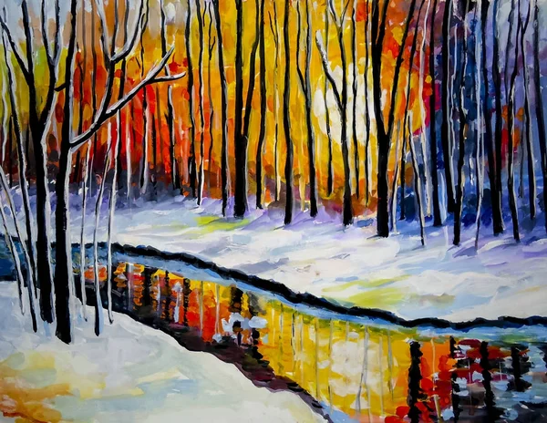 Winter landscape, river and forest. Snow-covered beaches.