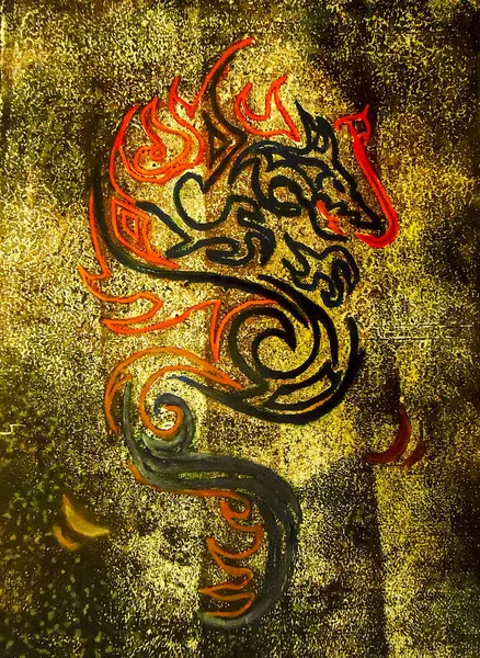 Drawn dragon on a golden canvas. Chinese dragon. — Stock Photo, Image