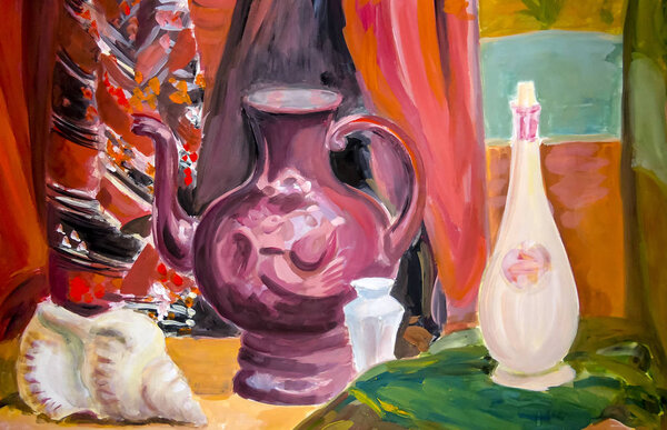 Still life. A painting depicting a still life, a vase, dishes, a