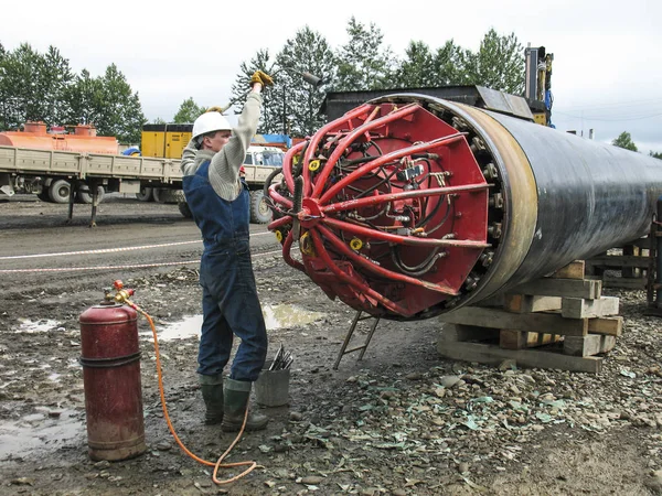 Trabalho Aquece Montagem Gasoduto Centralizador Centralizador — Fotografia de Stock