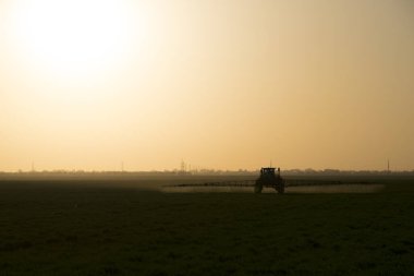 Traktör günbatımı arka plan üzerinde. Yüksek tekerlekli traktör gübre üzerinde genç buğday yapıyor. İnce dağınık sprey kimyasalların kullanımı