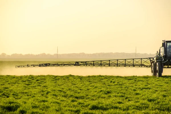 Trattore sullo sfondo del tramonto. Trattore con ruote alte sta facendo fertilizzante su grano giovane. L'uso di prodotti chimici spray finemente dispersi — Foto Stock