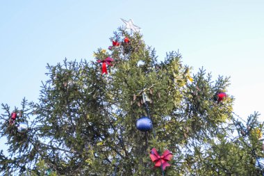 Tinsel ve oyuncaklar, topları ve diğer süslemeleri Noel Noel ayakta açık havada ağaç. Süslemeleri yılbaşı ağacı.