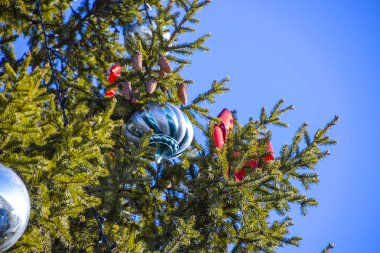 Tinsel ve oyuncaklar, topları ve diğer süslemeleri Noel Noel ayakta açık havada ağaç. Süslemeleri yılbaşı ağacı.
