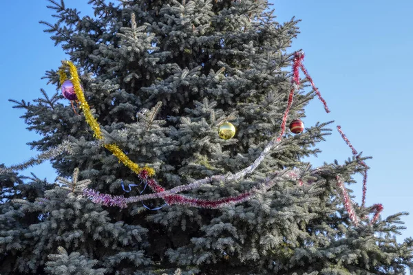 Tinsel Toys Balls Other Decorations Christmas Christmas Tree Standing Open — Stock Photo, Image