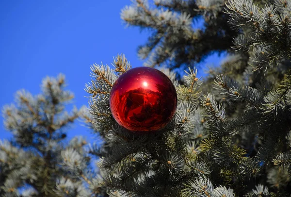 Hojalata Juguetes Bolas Otras Decoraciones Árbol Navidad Pie Aire Libre —  Fotos de Stock