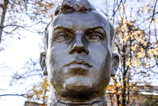 The face of the stone man. Concrete soldier bust covered with paint.