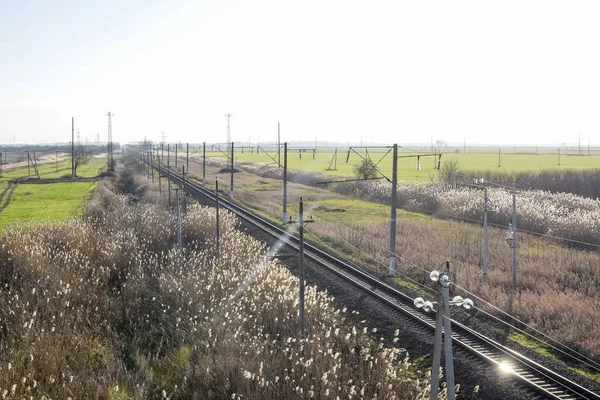 Trampa Ferroviaria Vista Superior Sobre Los Rieles Líneas Eléctricas Alta — Foto de Stock