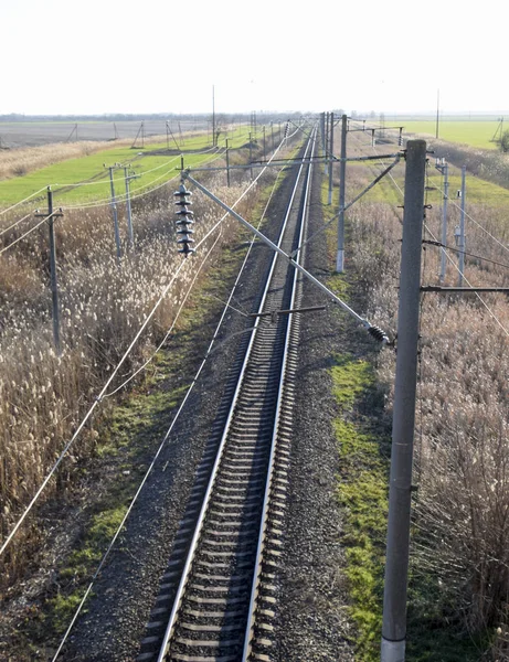 Arsa Demiryolu Üstten Görünüm Raylar Üzerinde Yüksek Voltajlı Elektrik Hatları — Stok fotoğraf