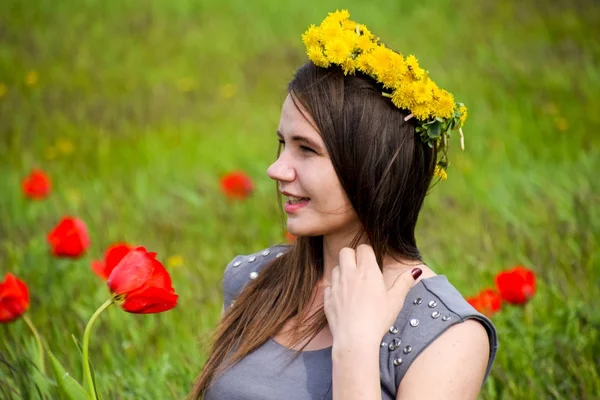 Güzel Peri Kız Lale Çiçekleri Arasında Bir Alanda Kırmızı Çiçekler — Stok fotoğraf