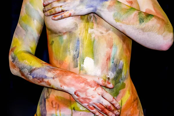 Body Art Rajz Test Gyönyörű Lány Festett Kaszni Akvarelljei Egy — Stock Fotó