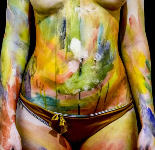 Arte Corporal Dibujo Cuerpo Hermosa Chica Con Acuarelas Cuerpo Pintado — Foto de Stock