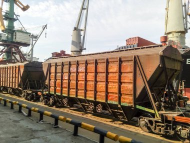 Yük demiryolu otomobil sanayi limanda. Vagonlar hazneleri.