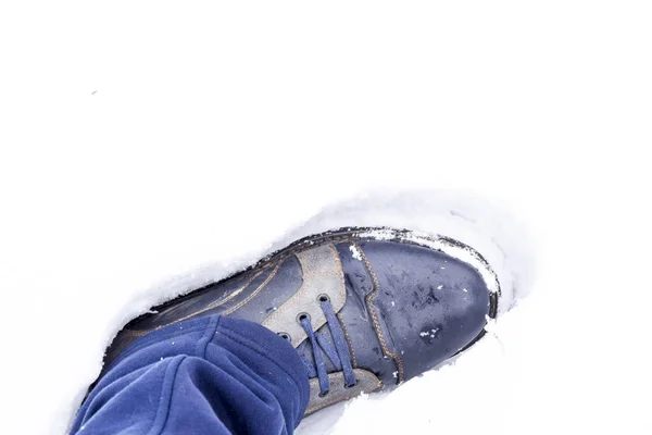 Pierna Una Bota Nieve Zapatos Invierno Nieve — Foto de Stock