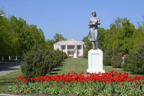 Estatua de un granjero colectivo sobre un pedestal. El legado de la era soviética. Un macizo de flores con tulipanes y árboles jóvenes en el pueblo de Oktyabrsky. Krasnodar Krai, distrito de Krasnoarmeisky . —  Fotos de Stock