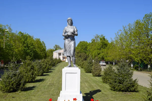 Statue d'un fermier collectif sur un piédestal. L'héritage de l'ère soviétique. Un parterre de fleurs avec des tulipes et de jeunes arbres dans le village d'Oktyabrsky. Territoire de Krasnodar, district de Krasnoarmeisky . — Photo