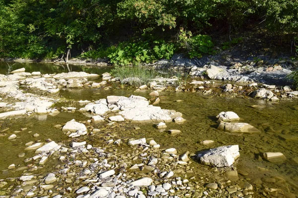 La rivière de montagne. Rivière de montagne peu profonde, l'eau coule à travers les rochers . — Photo