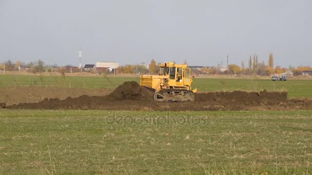 Grader giallo rastrella il terreno nel campo. Scavare il fosso . — Video Stock