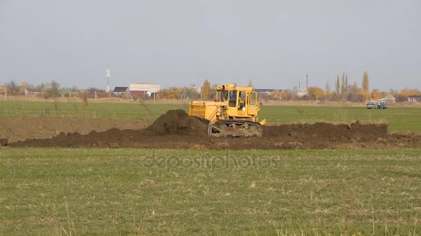 La niveladora amarilla rastrilla el suelo en el campo. Cavando la zanja . — Vídeos de Stock