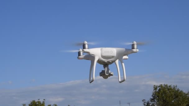 Drone DJI Phantom 4. Dronen går langt til hus og trær . – stockvideo