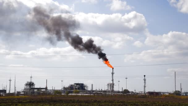 De rookvrije gas fakkel. De vervuiling van het milieu. Fakkel systeem op een olieveld — Stockvideo