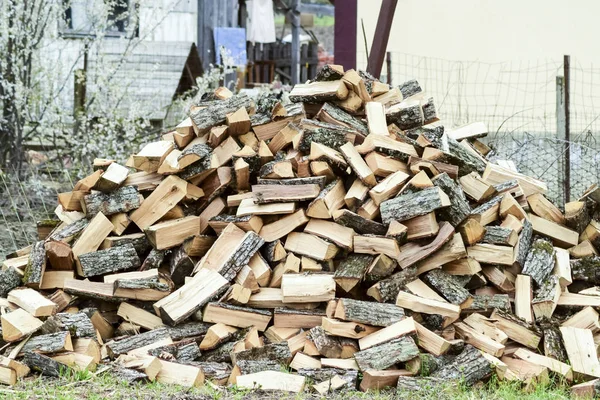 Ein Haufen durchlöchertes Brennholz. geerntetes Holz für den Ofen — Stockfoto