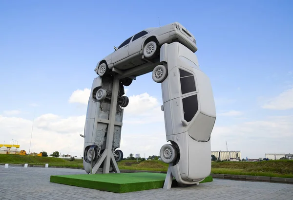 Homemade Sculpture Three Cars Monument Cyrillic Letter Public Monument — Stock Photo, Image