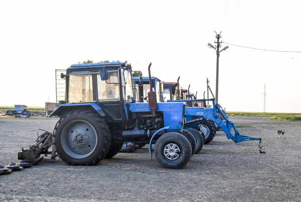 ロシア テムリュク 2015 トラクター 行に立っています 農業機械 農業機械の駐車場 — ストック写真