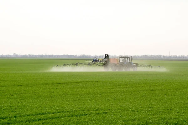 Traktor Mit Hohen Rädern Macht Dünger Auf Jungen Weizen Die — Stockfoto